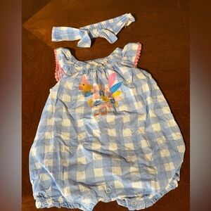 Mud Pie Blue and White Checkered Baby Romper with Headband 6-9 months